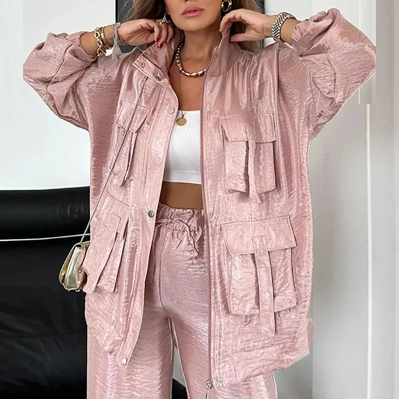 🍒Elegant casual single breasted utility coat jacket and matching pants suit women's retro loose large pocket solid colour two piece set Pocket These Pants And Jacket The Saving