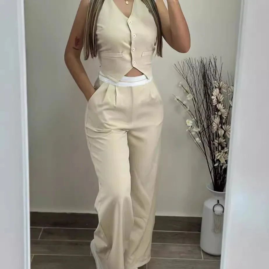 🍒Elegant two piece sets for women summer fashion wear buttoned vest top and high waist wide leg pants with pockets straight leg trouser set Run Over This Double Line No Penalty