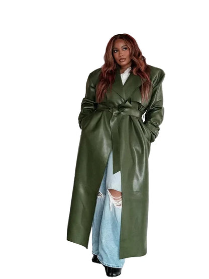 🍒faux leather women coat with lapel long Y2K solid belt and pocket long sleeve pu trench fall winter outwear female Faux Fans Fast Forward