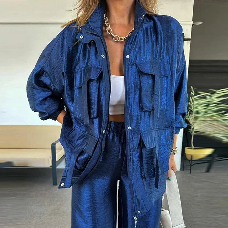 🍒Elegant casual single breasted utility coat jacket and matching pants suit women's retro loose large pocket solid colour two piece set Pocket These Pants And Jacket The Saving