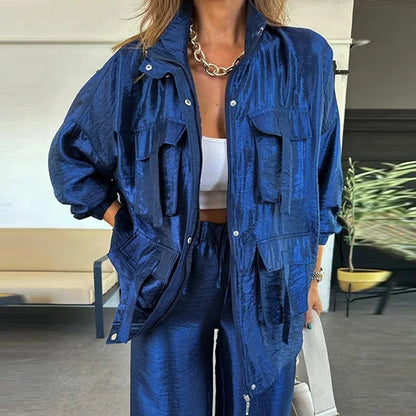 🍒Elegant casual single breasted utility coat jacket and matching pants suit women's retro loose large pocket solid colour two piece set Pocket These Pants And Jacket The Saving