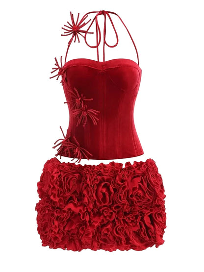 🍒Vroue se romp tweedelige stel halter-korsetboppie 3D-blomme-uitrusting korsetboppie met bypassende romp mini-veterrug bustier-pakke celebrity partytjiedrag COCK -ya TAIL Klere