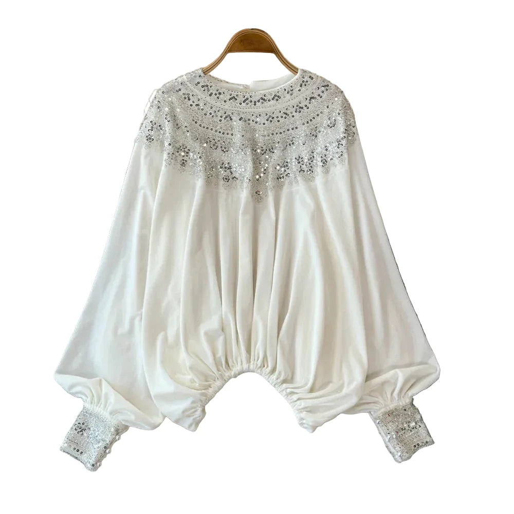 🍒Vintage fluweel bloes dames velours hemp paillette kleding elastiese middellyf top Los partytjie geleentheid drag kleding Gestem Fluweel Wisselend Nooit