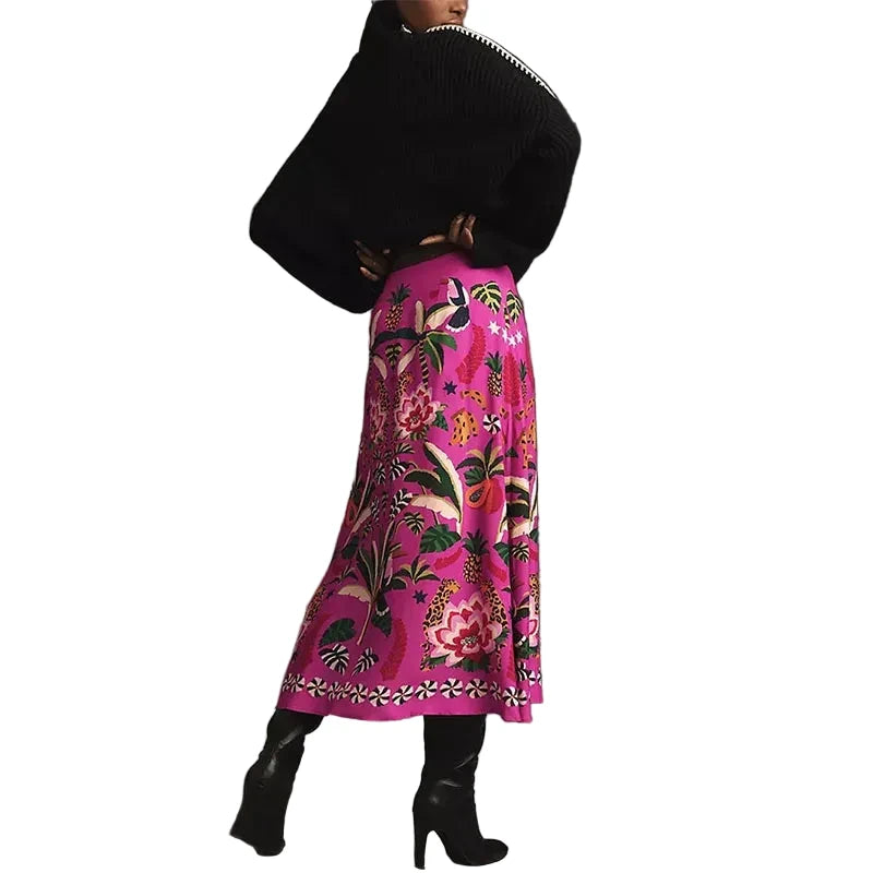 🍒Womens spring summer skirts floral midi vintage streetwear ladies elastic waist female fashion wear smart casual clothing Look Cool In Hot Pink