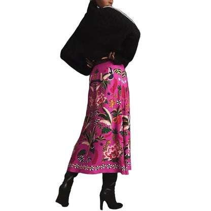 🍒Womens spring summer skirts floral midi vintage streetwear ladies elastic waist female fashion wear smart casual clothing Look Cool In Hot Pink