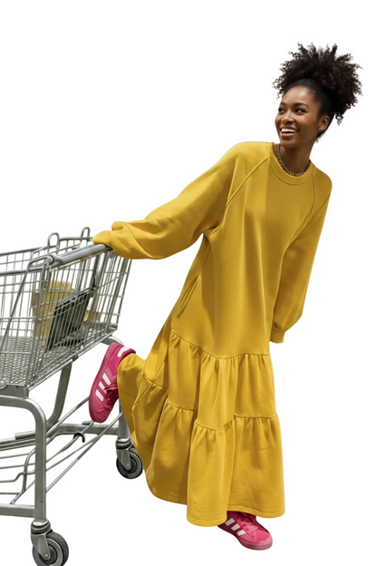 🍒Oversized dress solid color loose outfit long sleeve maxi fashion for women o-neck a-line outfits casual wear Feel Good Tiers Of Joy