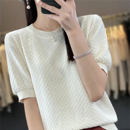 🍒Vroue se tekstuur-T-hemp somer katoen tops kortmou effekleur tee ronde hals los bloes gemaklike kledingstuk