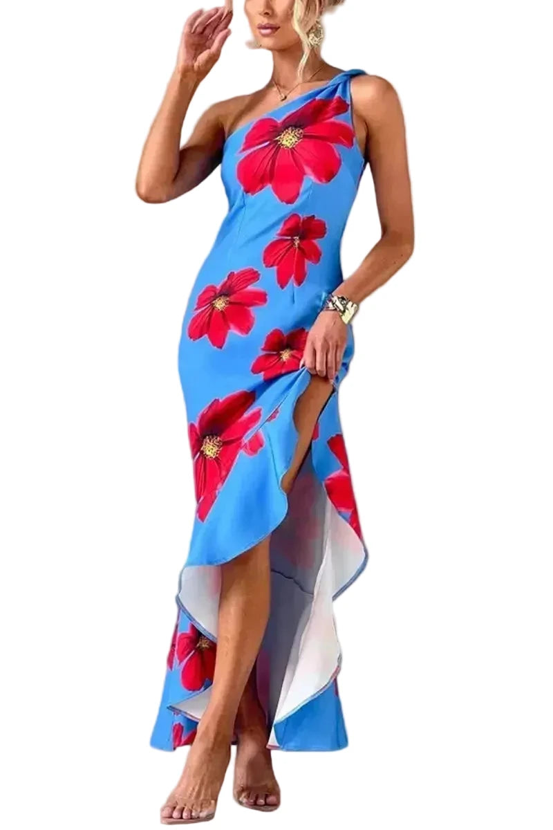 🍒One shoulder sleeveless dress summer fashion for women Irregular bohemian vacation outfits floral print fashion with ruffle hem outfits long   No Puff, Get Out Ruffs