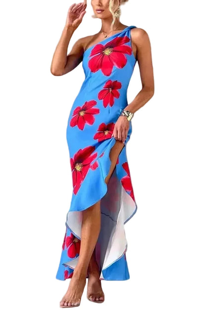 🍒One shoulder sleeveless dress summer fashion for women Irregular bohemian vacation outfits floral print fashion with ruffle hem outfits long   No Puff, Get Out Ruffs