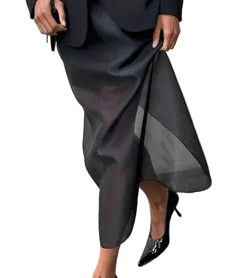 🍒Black mesh skirt long double-layer design perspective transparent maxi skirt high Waist slit hip loose female summer fashion party occasion wear Step In See Through