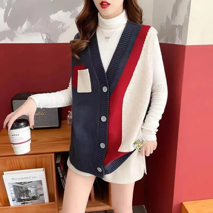 🍒针织V领拼色马甲女式毛衣无袖开衫套头衫 女士时尚宣言