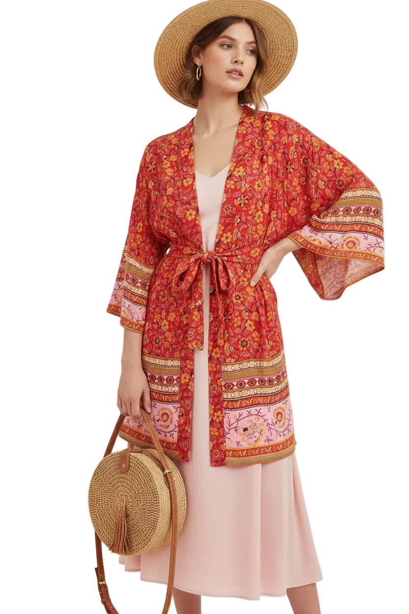 🍒Beach coverups wild floral print short light kimono jacket batwing duster bohemian ladies v-neck rayon short bikini swimwear cover over vacation wear holiday clothing casual wear  Colourful Comfort