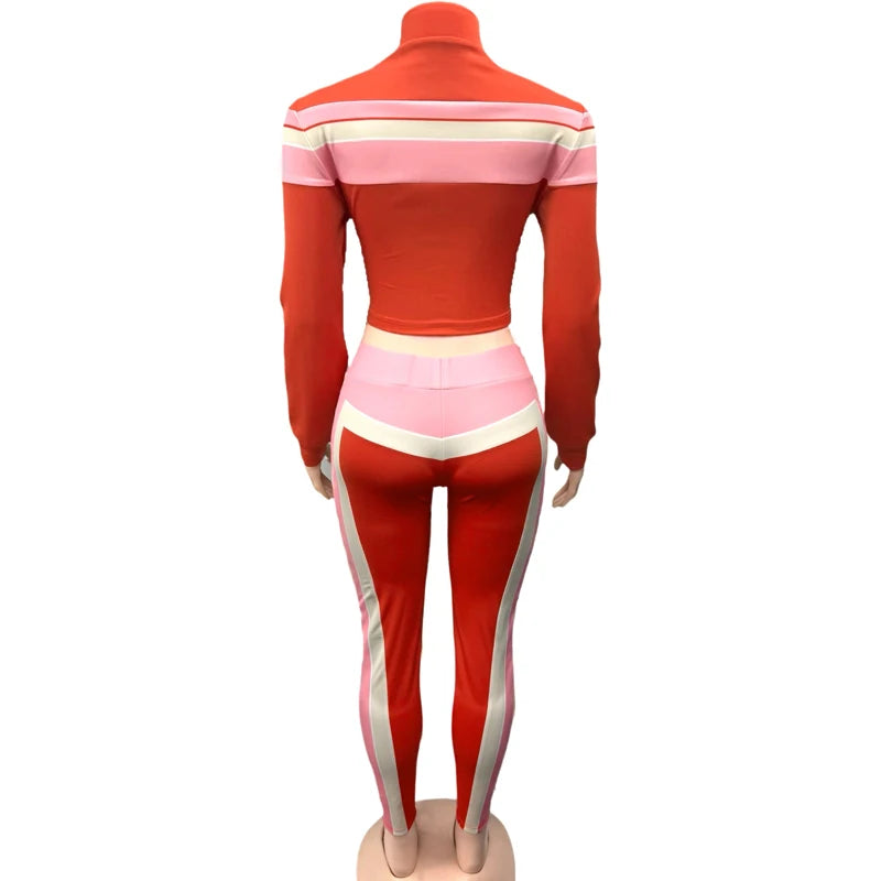 🍒Fashion tracksuit 2 piece set colour block fashion long sleeve Jacket with zipper and sporty pants for women fitness gym outfit female casual clothes Sport Colour