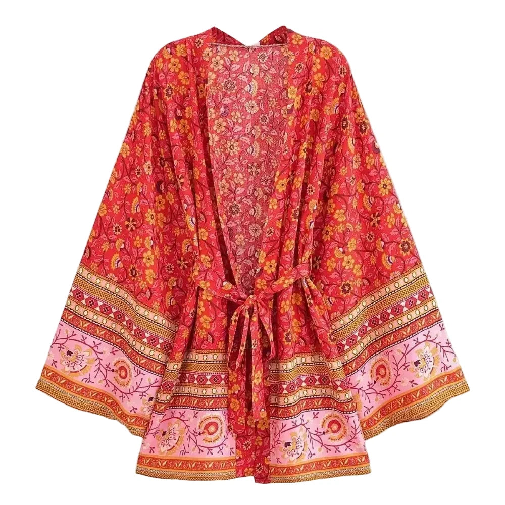 🍒Beach coverups wild floral print short light kimono jacket batwing duster bohemian ladies v-neck rayon short bikini swimwear cover over vacation wear holiday clothing casual wear  Colourful Comfort
