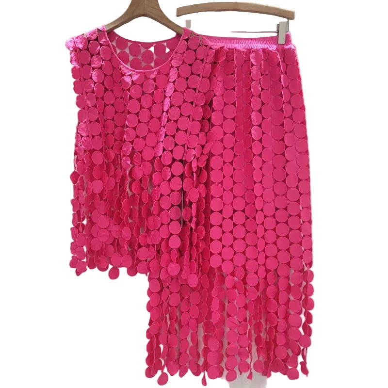 🍒Summer two-pieces set loose  lace vest and high waist elastic skirt smart casual women female occasion wear party outfit Get A Lot Dot