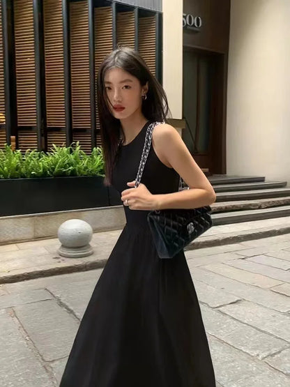 🍒Lang rokke hoë middellyf somer ronde hals maxi rok moulose vrouemode eenvoudige styl elegante lang swart uitrusting slim gemaklike drag