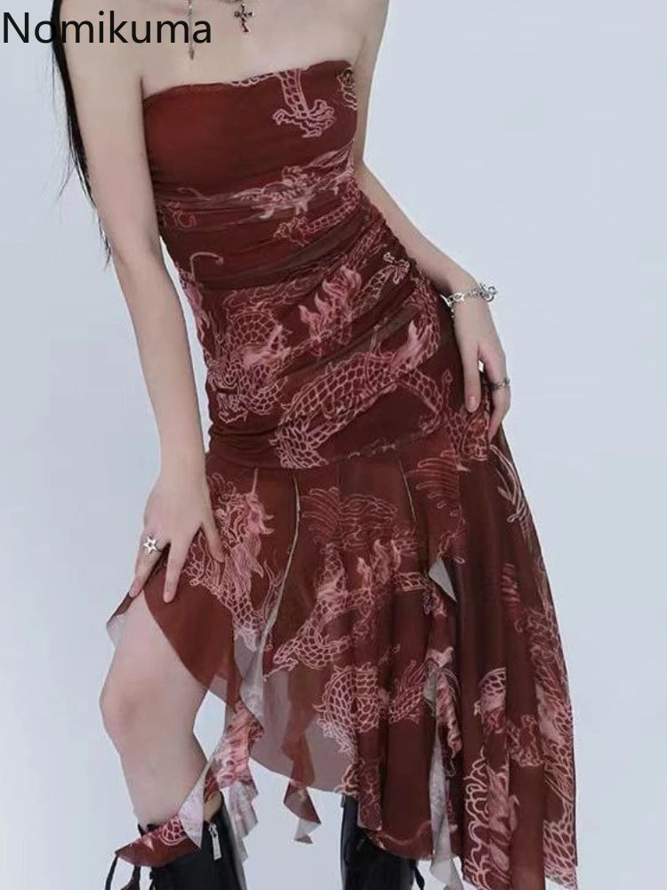 🍒Womens print chiffon dress party occasion wear sleeveless outfit women summer wear clothes Irregular fashionwear Relax In Red Rebel
