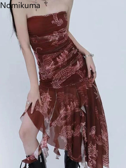 🍒Womens print chiffon dress party occasion wear sleeveless outfit women summer wear clothes Irregular fashionwear Relax In Red Rebel