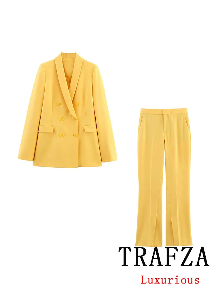 🍒ladies office trouser suit yellow colour solid set v double breasted  jacket with pockets blazer + flared loose pants vintage suits women                                        CAN this v -ARY quick