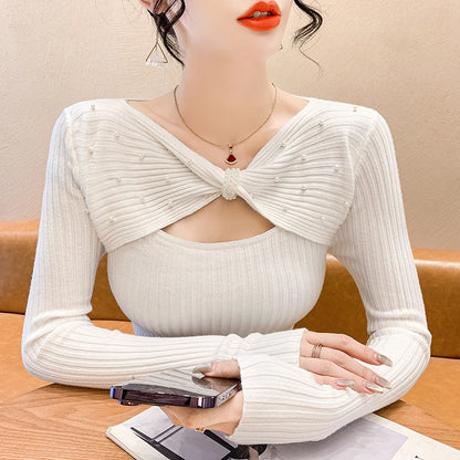 🍒Autumn/winter sweaters  with v neck women pullover fashion Y2k clothes solid bow pearls Long sleeve knitted tops smart casual occasion wear knit A Bow knot Into Your Fashion