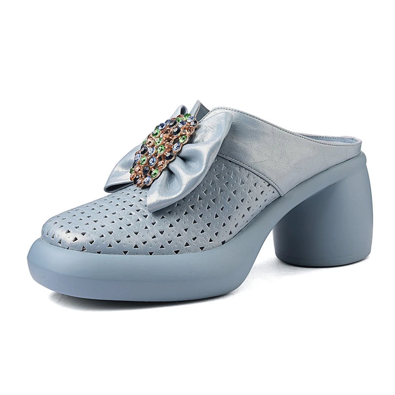 🍒Genuine leather mules for women cowhide rhinestone chunky heel shoes with thick sole, occasion slippers fashion party footwear with bow Climb Into Clogs