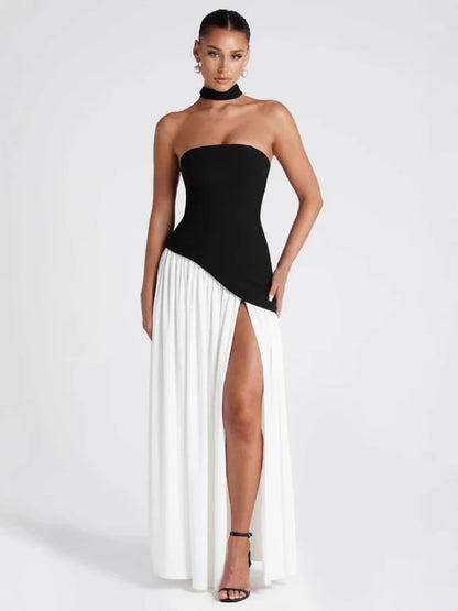 🍒Strapless hoëgleufrok moulose ontwerp ruglose lang somerrok swart en wit uitrusting vroue kontras aanddrag partytjierokke Smashing Slash