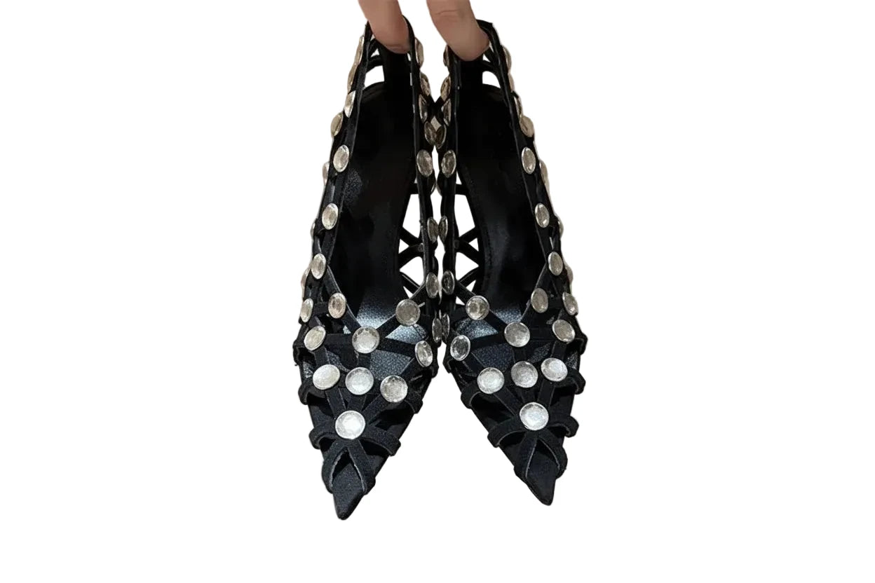 🍒crystal sandal shoe breathable hollow crystal gem cross design high heels fashion pointed toe pumps for women slip on stiletto party occasion shoes 'Casion Crystal Cross Cool
