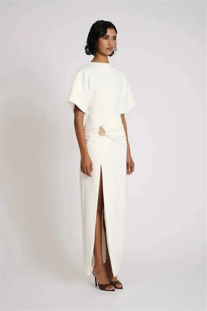 🍒Short sleeve maxi dress  ruched outfit brown women side split occasion dress with belt metal fashion o-neck club party wear occasion white long dresses Paint The Town Red In Brown