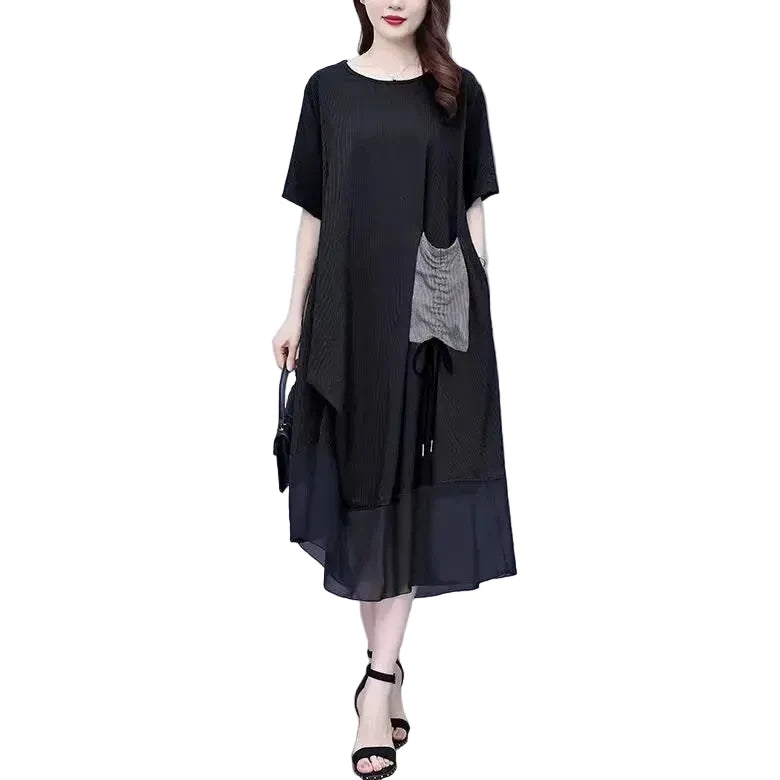 🍒Loose large size dress black summer femme elegant mixed media fashion oversized outfit smart casual clothing women Pocket This