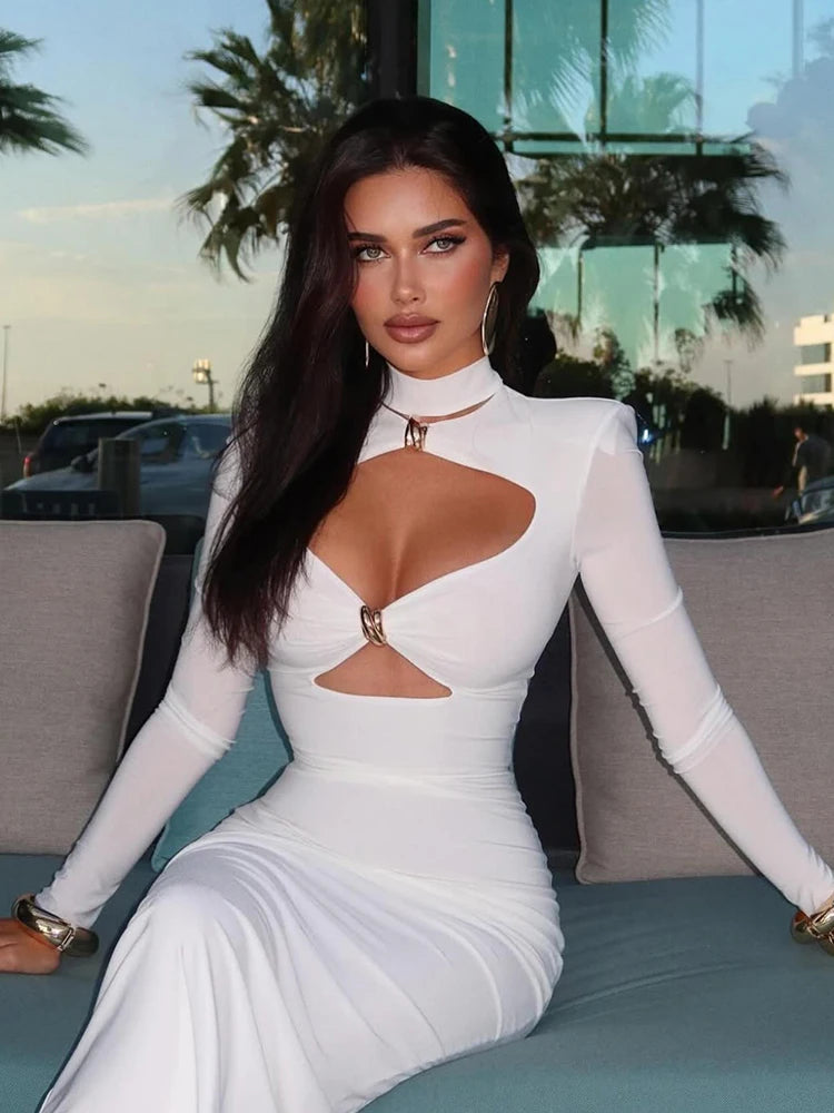 🍒Elegant party dresses for women full sleeve bodycon solid occasion maxi dress fashion hollow design front turtleneck fitted outfit long female clothes