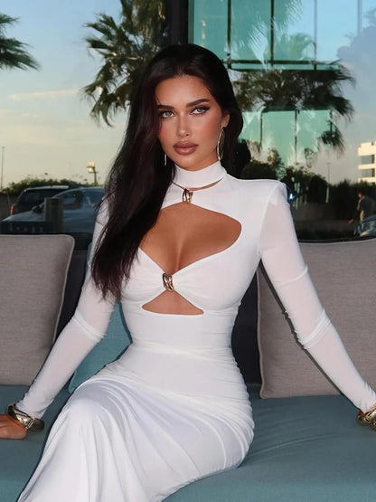 🍒Elegant party dresses for women full sleeve bodycon solid occasion maxi dress fashion hollow design front turtleneck fitted outfit long female clothes