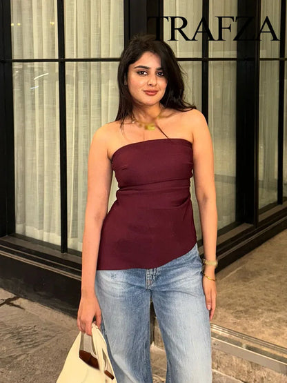 🍒Women's asymetric top pleated shoulderless tops without sleeveless fashion for women zipper smart casual clothing bandeau Get Your Chop Top