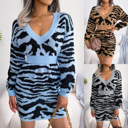 🍒Casual knit dress print design v- neck mini outfits long sleeve bodycon knitwear spring summery casual wear for women LILLY up your wardrobe with a TIGER