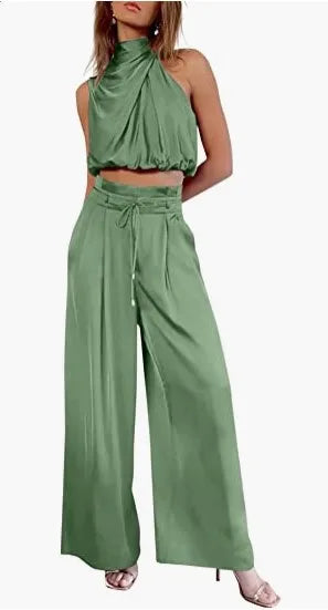 🍒Tweedelige broekpakke vir vroue oop naeltjie-uitrusting, syerige moulose tops en wye pypbroeke, slim gemaklike drag, somermode, klubdrag, partytjie-geleentheidsdrag, 2-stukstelle, trek hierdie GEKNIPTE top aan en wees GEREED vir WYE goedkeuring