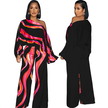 🍒One side off shoulder jumpsuit pants and top one piece print long sleeve rompers casual high waist wide leg pants overalls loose fit elegant office wear party wear occasion outfit
