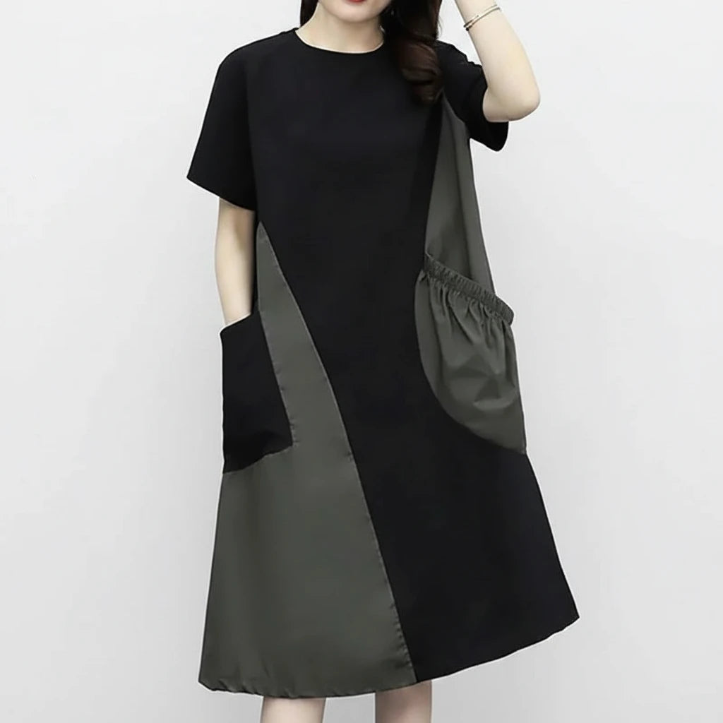 🍒Street style fashion dress t-shirt style short sleeve round neck outfit smart casual women's patchwork and pocket summer wear Patch Up Your Fashion And pocket the Change