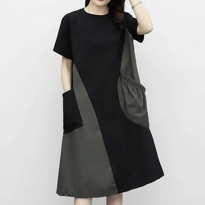 🍒Street style fashion dress t-shirt style short sleeve round neck outfit smart casual women's patchwork and pocket summer wear Patch Up Your Fashion And pocket the Change