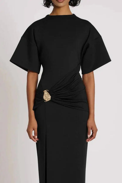 🍒Short sleeve maxi dress  ruched outfit brown women side split occasion dress with belt metal fashion o-neck club party wear occasion white long dresses Paint The Town Red In Brown