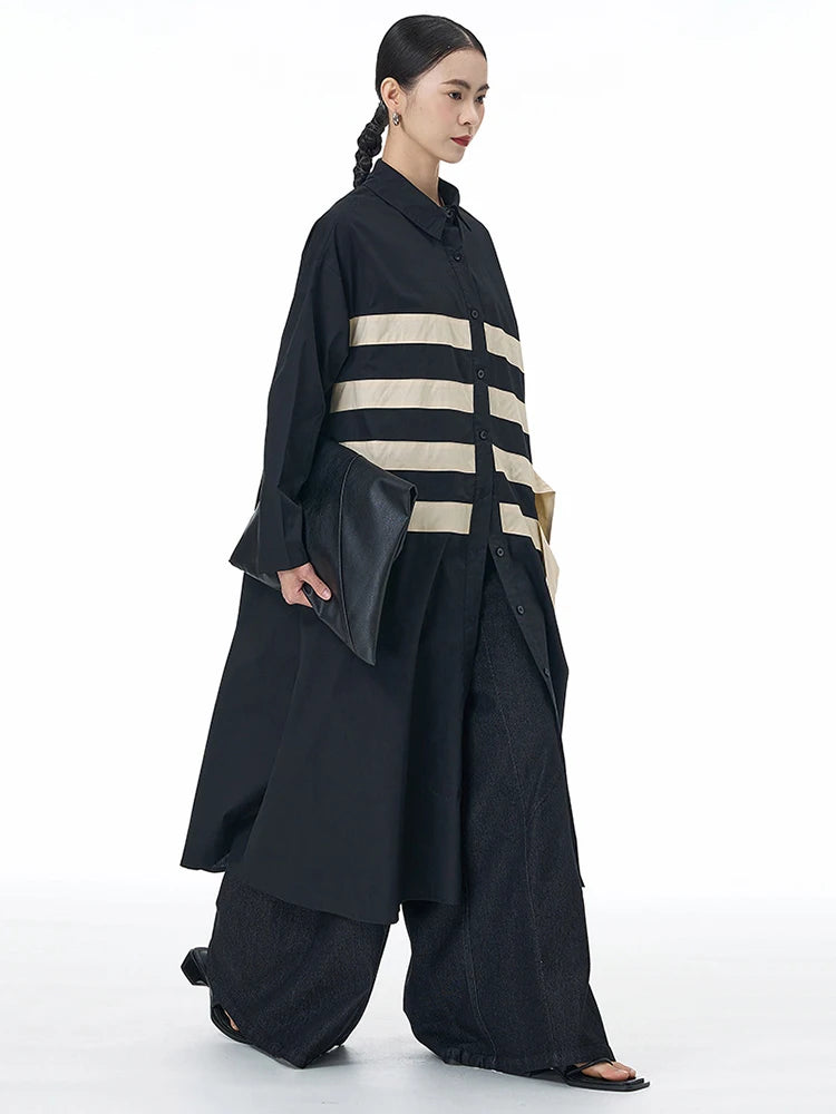 🍒black striped shirt dress women ribbon colour-block big size coat dress a-line with long sleeve and turn down collar fashion smart casual outwear Get A ZEBRA aCROSS a shirt dress cool thING
