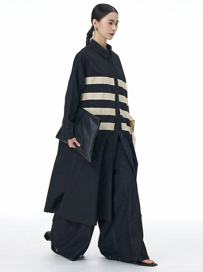 🍒black striped shirt dress women ribbon colour-block big size coat dress a-line with long sleeve and turn down collar fashion smart casual outwear Get A ZEBRA aCROSS a shirt dress cool thING