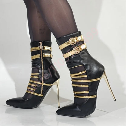 🍒Pointed toe stiletto belt buckle heels banquet shoe boots  for women short fashion footwear occasion party boots black and gold contrast Bootiful Bold Besties