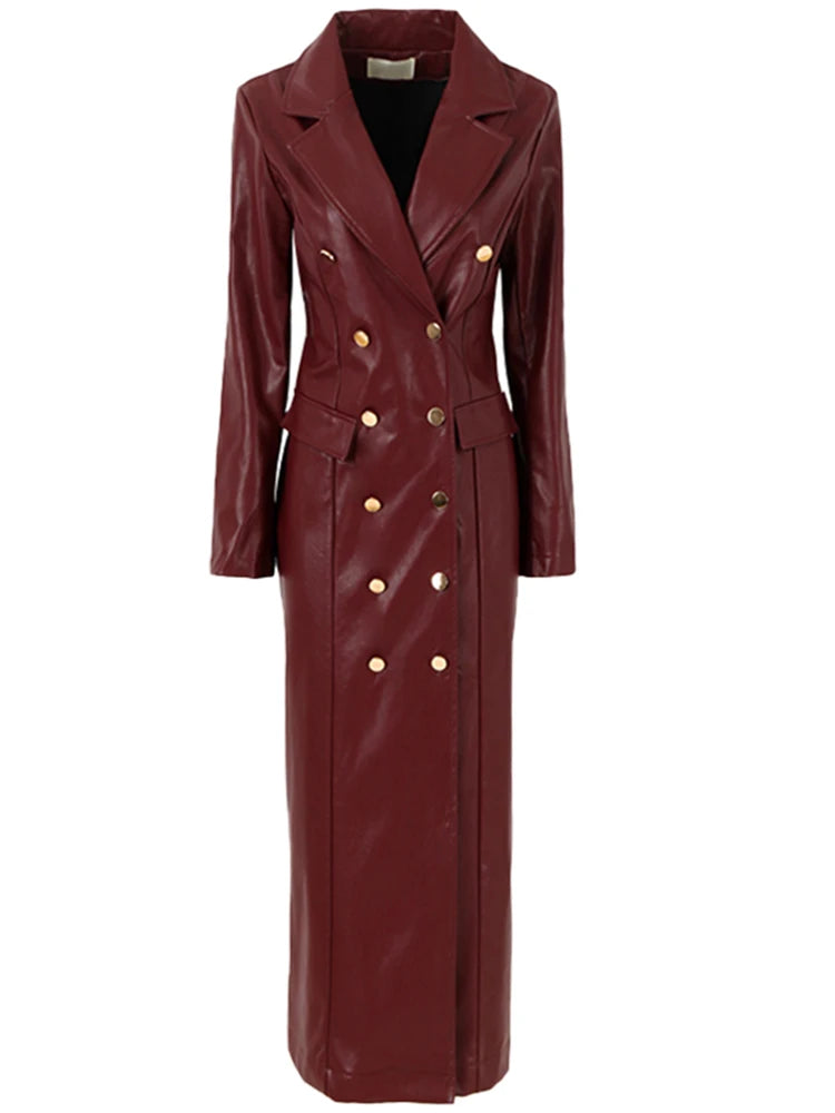 🍒Ekstra lang kunsleer trenchcoat vir dames dubbelbors luukse elegante lang slim gemaklike pu-oorjas Bly OP HOOGTE van DUBBEL neem-klere