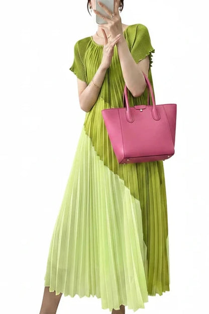 🍒Mid length dresses for women casual outfit short sleeve smart three-residence series round neck clothes fashion pleated loose waist summer wear Angle To A Diagonal