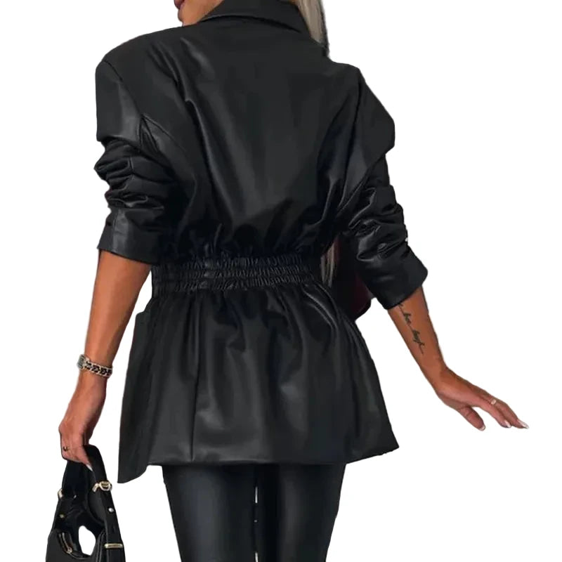 🍒Long sleeve faux leather mini  dress elastic waist retro double breasted outfit occasion trendy office wear clothing smart casual clothes women Life Leather