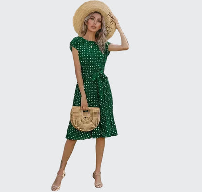 🍒Summer dresses for women high waist midi outfit with pleats elegant pleated polka dots short sleeve fashion office clothing vacation wear  Don’t Delay Dotties