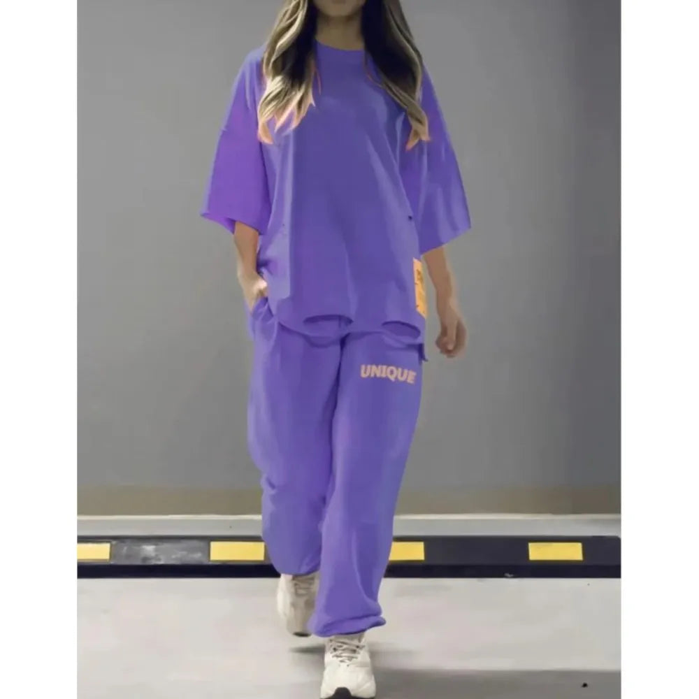 🍒Neon summer clothes fashion hollowed out o neck solid t shirt women's two piece set relaxed casual tracksuit for women with pocket pants Stand Out In Neon