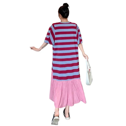 🍒Summer women midi dresses plus size false two-piece cotton stripe mixed media outfit casual wear holiday fashion wear stripee Plain And Simple