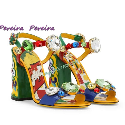 🍒Womens gem stone sandals classic colourful heels crystal open toe shoe chunky heel buckle strap high heels flower shoes designer footwear for women dress party shoes Gem Of A Shoe