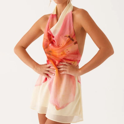 🍒Vroue se halter mini rok Y2k blom uitrusting ruglose kort rok gaasstof somermode vir vroue partytjie geleentheid drag stranddrag vakansie kleredrag Lyk Groot Blomme