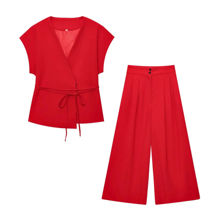 🍒Trouser suits for women sleeveless v-neck top with belt and straight pants wide leg sets spring summer clothing smart casual clothes party occasion wear two piece Two Piece Ease